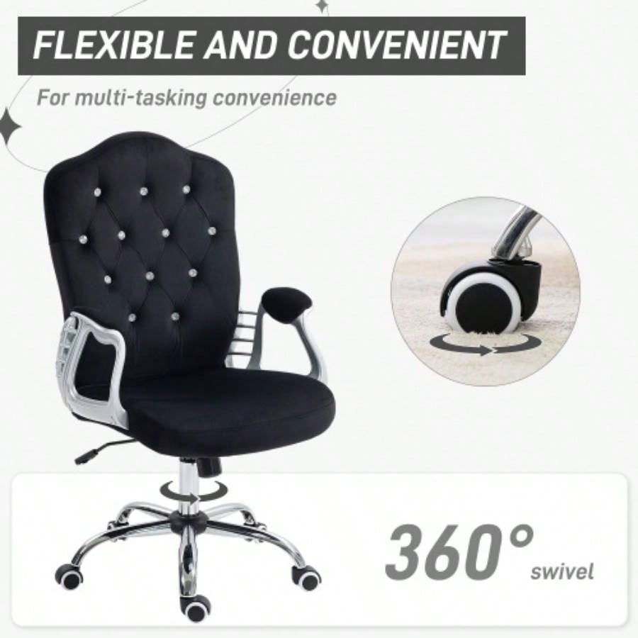 Vinsetto Home Office Chair, Velvet Computer Chair, Button Tufted Desk Chair with Swivel Wheels, Adjustable Height, and Tilt Function, Black