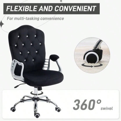 Vinsetto Home Office Chair, Velvet Computer Chair, Button Tufted Desk Chair with Swivel Wheels, Adjustable Height, and Tilt Function, Black