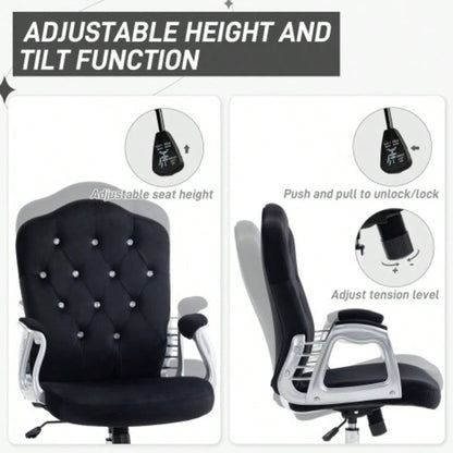 Vinsetto Home Office Chair, Velvet Computer Chair, Button Tufted Desk Chair with Swivel Wheels, Adjustable Height, and Tilt Function, Black