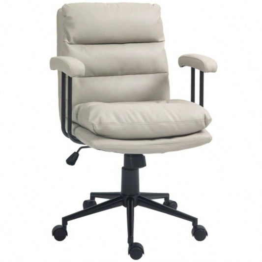 HOMCOM PU Leather Office Chair, Office Desk Chair, Task Computer Chair with Swivel Wheels, Adjustable Height, Double - tier Padded, Light Gray