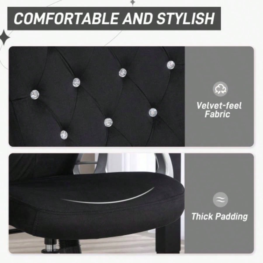 Vinsetto Home Office Chair, Velvet Computer Chair, Button Tufted Desk Chair with Swivel Wheels, Adjustable Height, and Tilt Function, Black