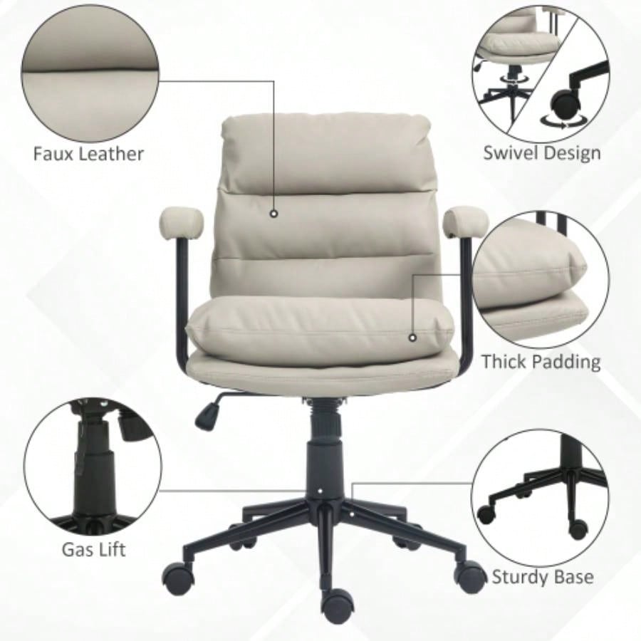 HOMCOM PU Leather Office Chair, Office Desk Chair, Task Computer Chair with Swivel Wheels, Adjustable Height, Double - tier Padded, Light Gray
