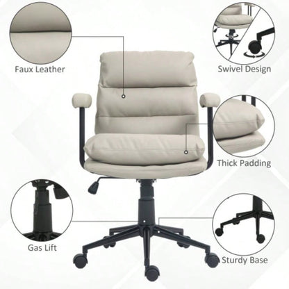 HOMCOM PU Leather Office Chair, Office Desk Chair, Task Computer Chair with Swivel Wheels, Adjustable Height, Double - tier Padded, Light Gray