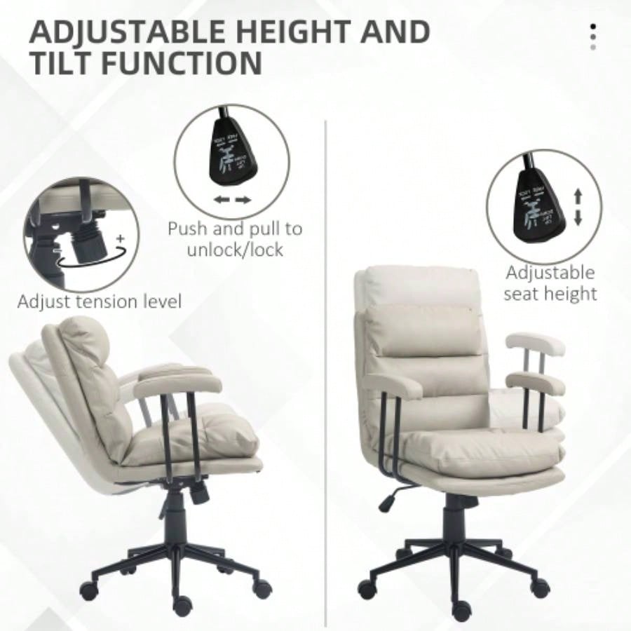 HOMCOM PU Leather Office Chair, Office Desk Chair, Task Computer Chair with Swivel Wheels, Adjustable Height, Double - tier Padded, Light Gray