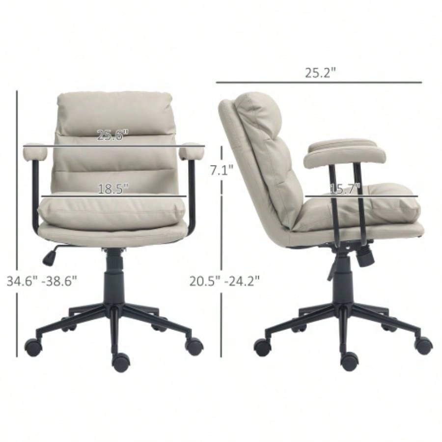 HOMCOM PU Leather Office Chair, Office Desk Chair, Task Computer Chair with Swivel Wheels, Adjustable Height, Double - tier Padded, Light Gray