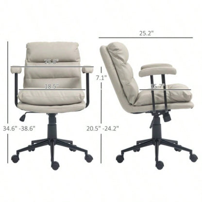 HOMCOM PU Leather Office Chair, Office Desk Chair, Task Computer Chair with Swivel Wheels, Adjustable Height, Double - tier Padded, Light Gray