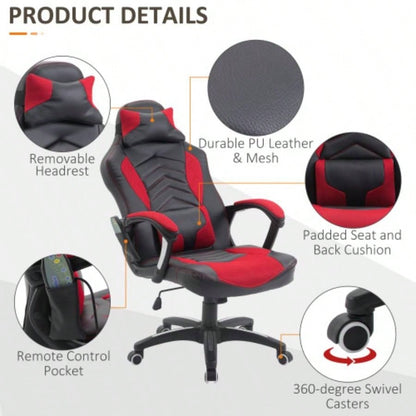 HOMCOM 6 Vibrating Point Massage Computer Gaming Chair 5 Modes, Racing Style Heated Desk Chair Swivel Rolling Chair with Headrest, Red/ Black