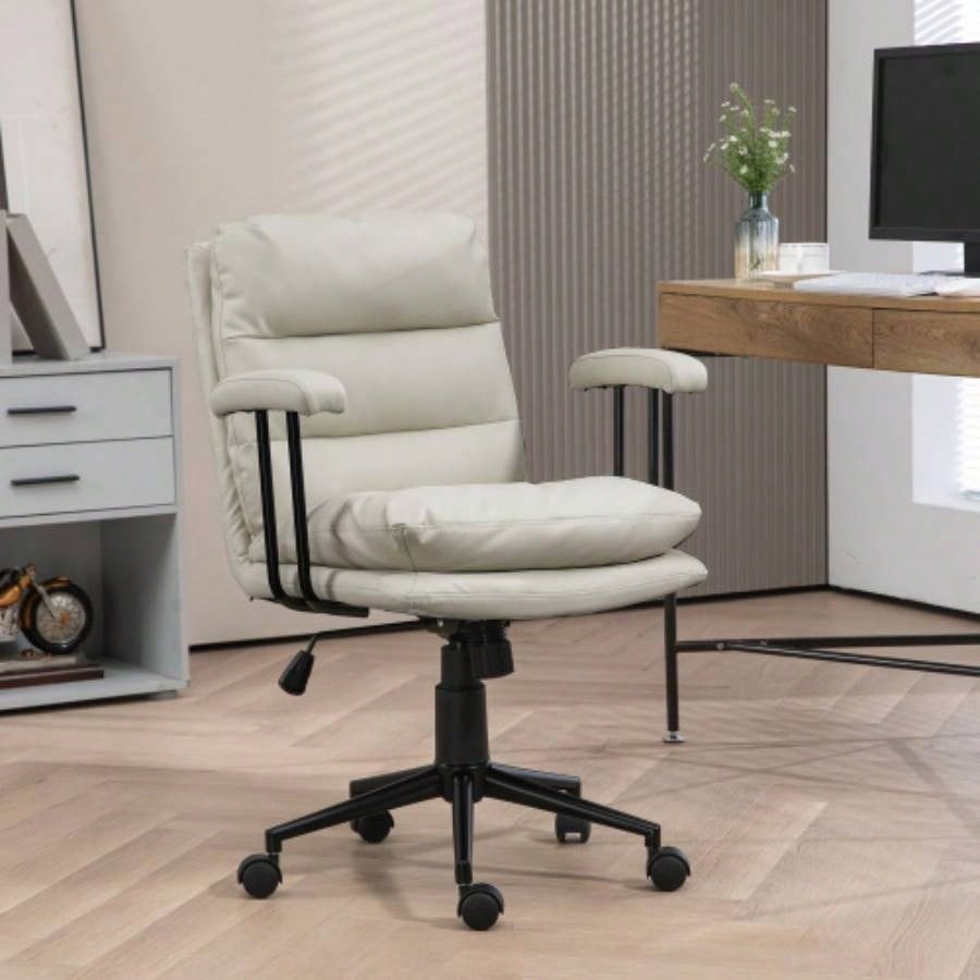 HOMCOM PU Leather Office Chair, Office Desk Chair, Task Computer Chair with Swivel Wheels, Adjustable Height, Double - tier Padded, Light Gray
