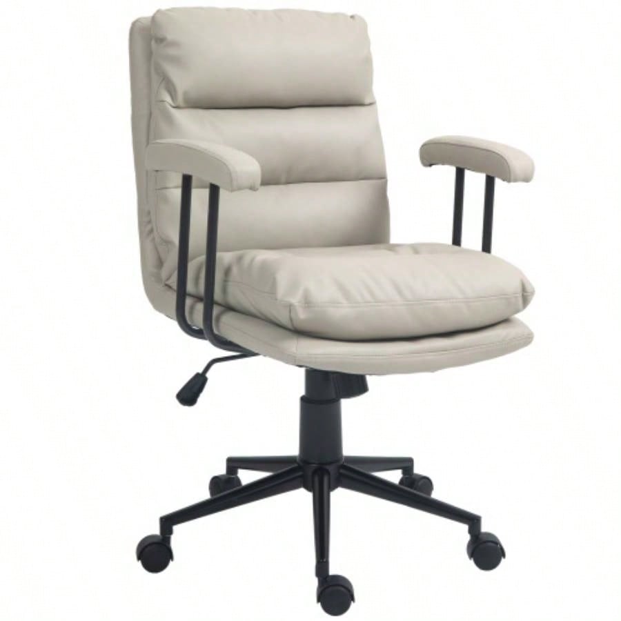 HOMCOM PU Leather Office Chair, Office Desk Chair, Task Computer Chair with Swivel Wheels, Adjustable Height, Double - tier Padded, Light Gray