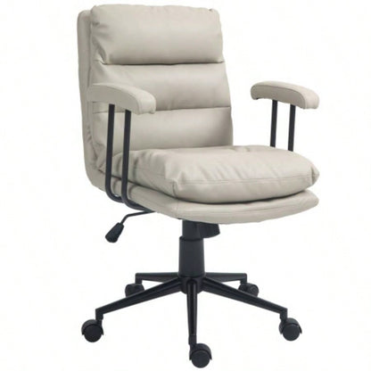 HOMCOM PU Leather Office Chair, Office Desk Chair, Task Computer Chair with Swivel Wheels, Adjustable Height, Double - tier Padded, Light Gray