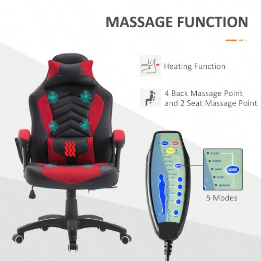 HOMCOM 6 Vibrating Point Massage Computer Gaming Chair 5 Modes, Racing Style Heated Desk Chair Swivel Rolling Chair with Headrest, Red/ Black