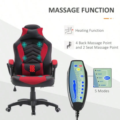 HOMCOM 6 Vibrating Point Massage Computer Gaming Chair 5 Modes, Racing Style Heated Desk Chair Swivel Rolling Chair with Headrest, Red/ Black