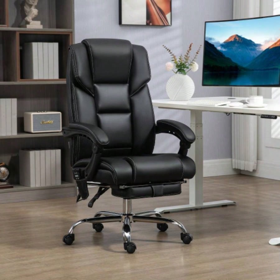 Vinsetto Massage Office Chair with 6 Vibration Points, Lumbar Heated PU Leather Reclining Computer Chair with Adjustable Height, Footrest, Tilt Function, Black