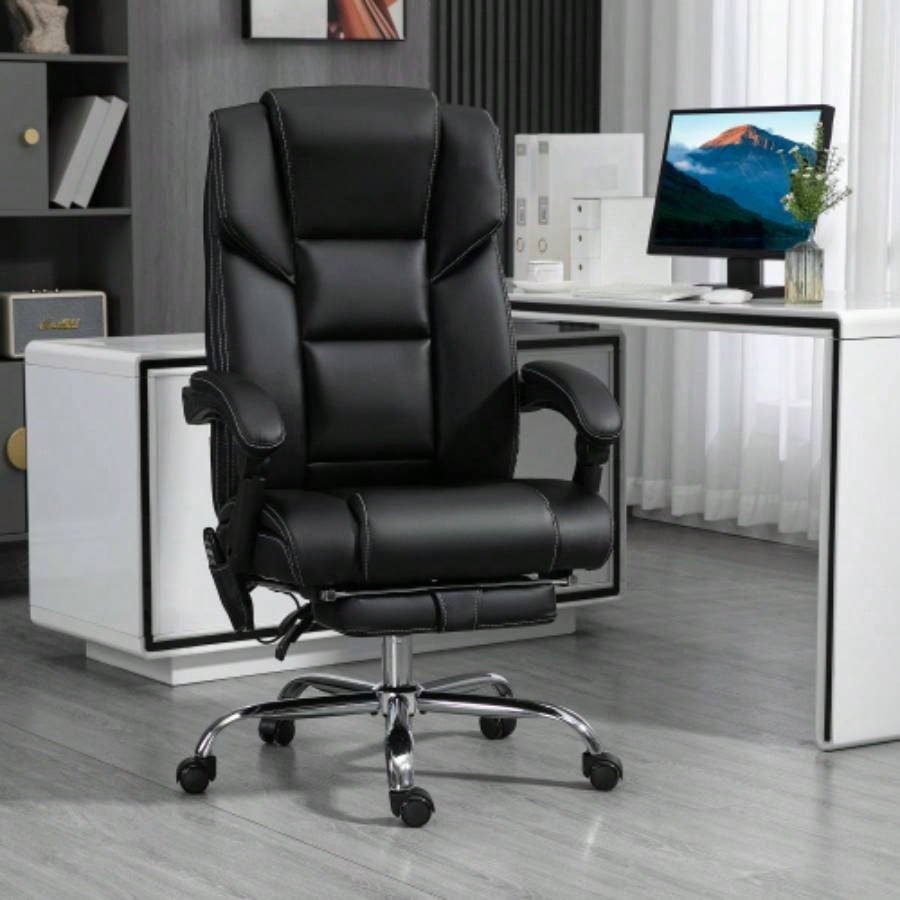Vinsetto Massage Office Chair with 6 Vibration Points, Lumbar Heated PU Leather Reclining Computer Chair with Adjustable Height, Footrest, Tilt Function, Black
