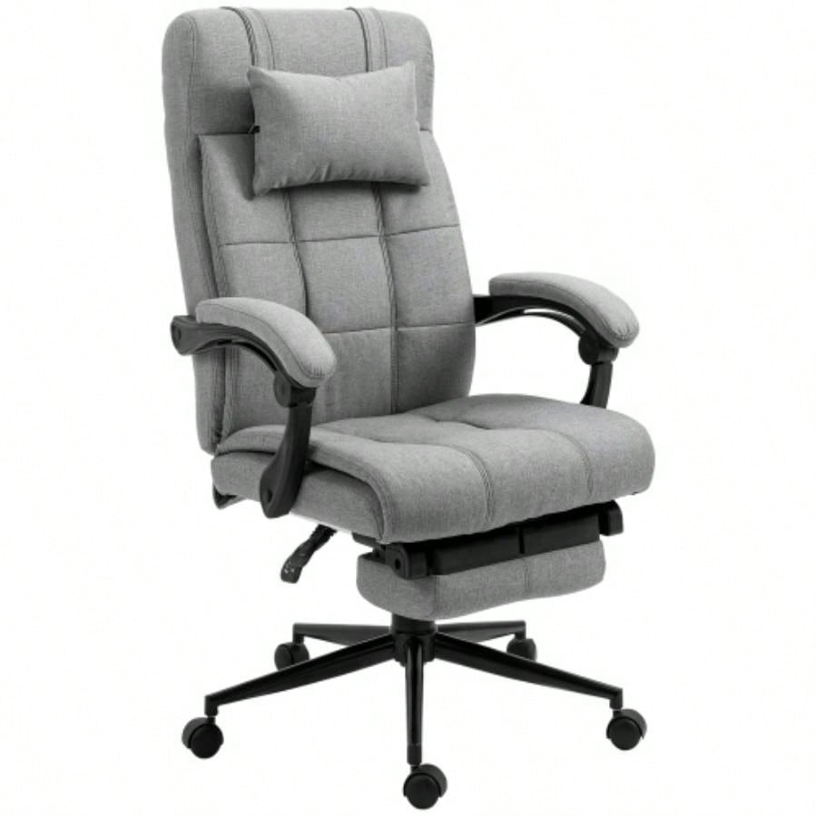 Vinsetto Executive Linen - Feel Fabric Office Chair High Back Swivel Task Chair with Adjustable Height Upholstered Retractable Footrest, Headrest and Padded Armrest, Light