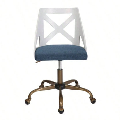 Farmhouse Task Chair in Antique Copper Metal, White Textured Wood, and Blue Fabric by LumiSource