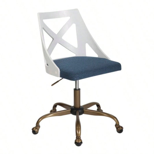 Farmhouse Task Chair in Antique Copper Metal, White Textured Wood, and Blue Fabric by LumiSource