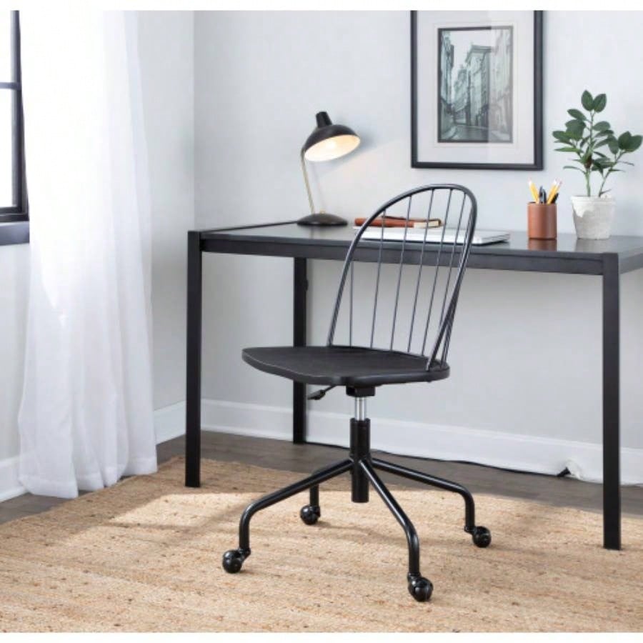 Riley Farmhouse Adjustable High Back Office Chair in Black Metal and Black Wood by LumiSource