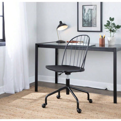 Riley Farmhouse Adjustable High Back Office Chair in Black Metal and Black Wood by LumiSource