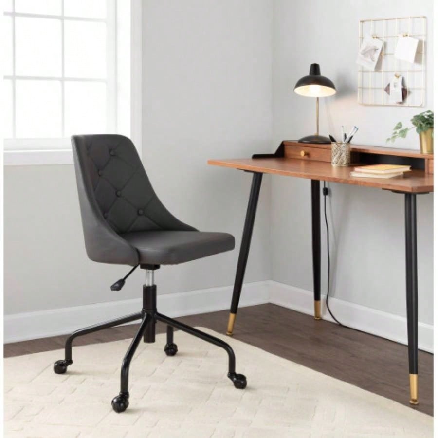 Marche Contemporary Adjustable Office Chair with Casters in Black Metal and Faux Leather by LumiSource