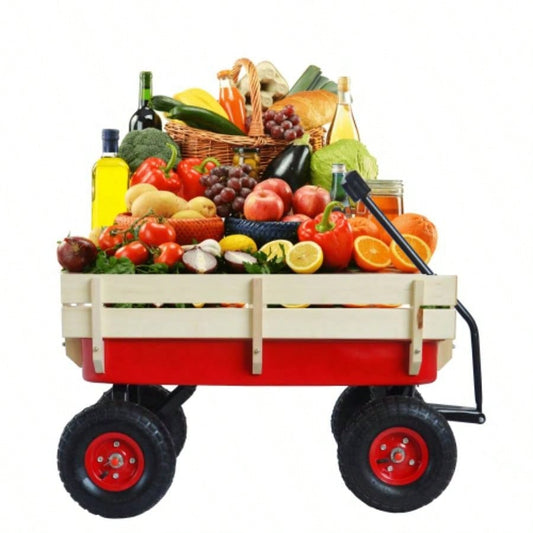 outdoor sport wagon tools cart wooden side panels tires Wagon red