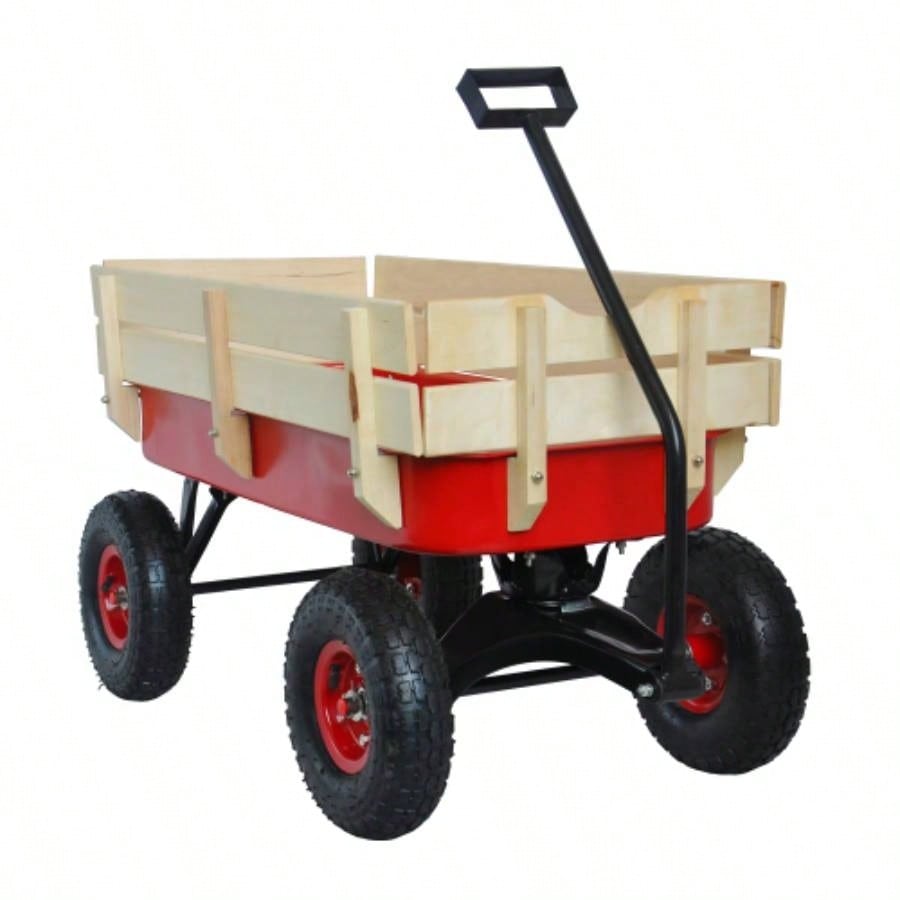 outdoor sport wagon tools cart wooden side panels tires Wagon red