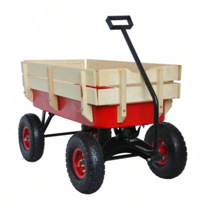 outdoor sport wagon tools cart wooden side panels tires Wagon red