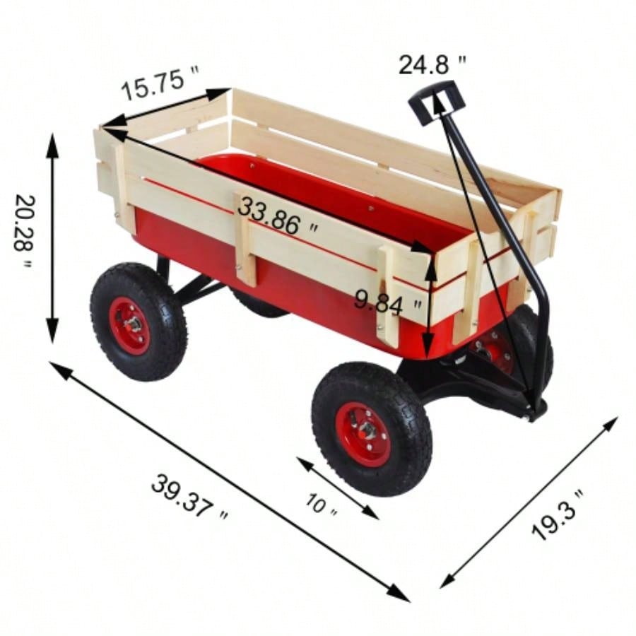 outdoor sport wagon tools cart wooden side panels tires Wagon red