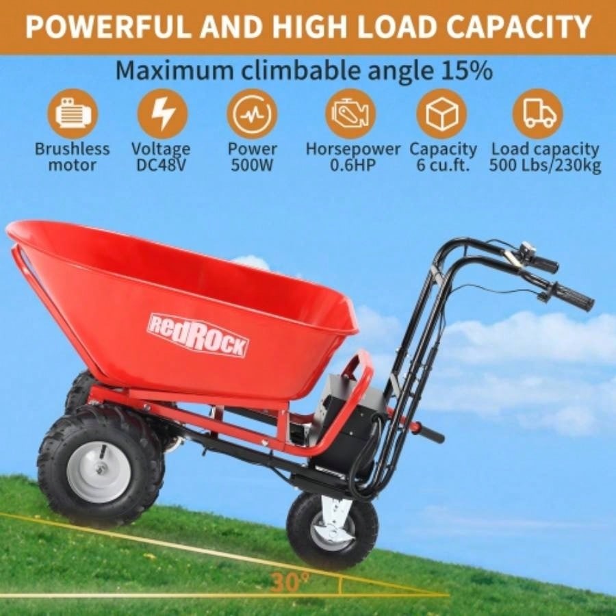 RedRock Wheelbarrow Utility Cart Powered Cart 48V28Ah 500W Capacity 500lbs 230kg Material Debris Hauler 1000lbs Towing