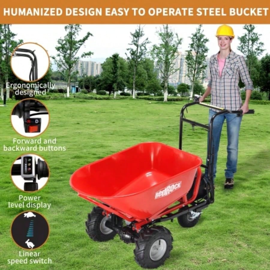RedRock Wheelbarrow Utility Cart Powered Cart 48V28Ah 500W Capacity 500lbs 230kg Material Debris Hauler 1000lbs Towing