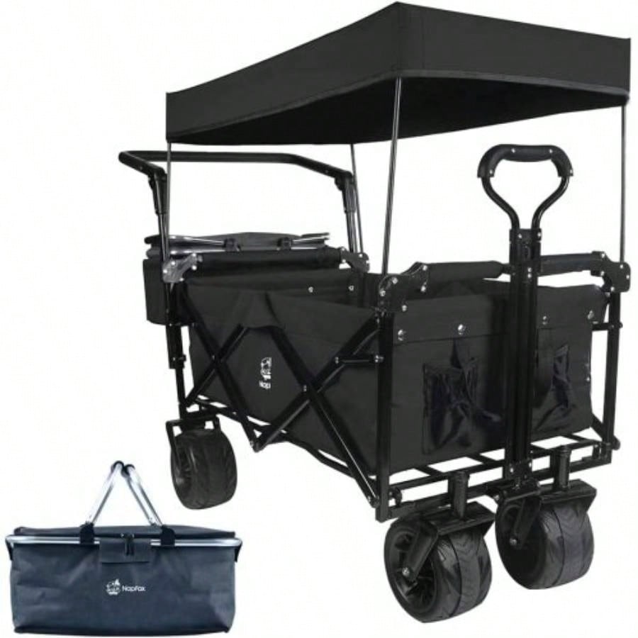 Collapsible Wagon 140L Wagons Carts Foldable with Removable Canopy, Folding Wagon Cart with Wheels All - Terrain with Brake, Foldable Wagon with Cooler Bag, Camping Beach Shopping