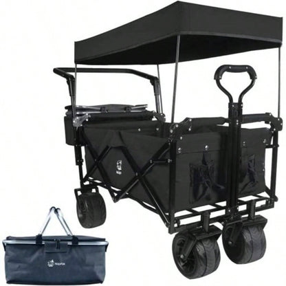 Collapsible Wagon 140L Wagons Carts Foldable with Removable Canopy, Folding Wagon Cart with Wheels All - Terrain with Brake, Foldable Wagon with Cooler Bag, Camping Beach Shopping