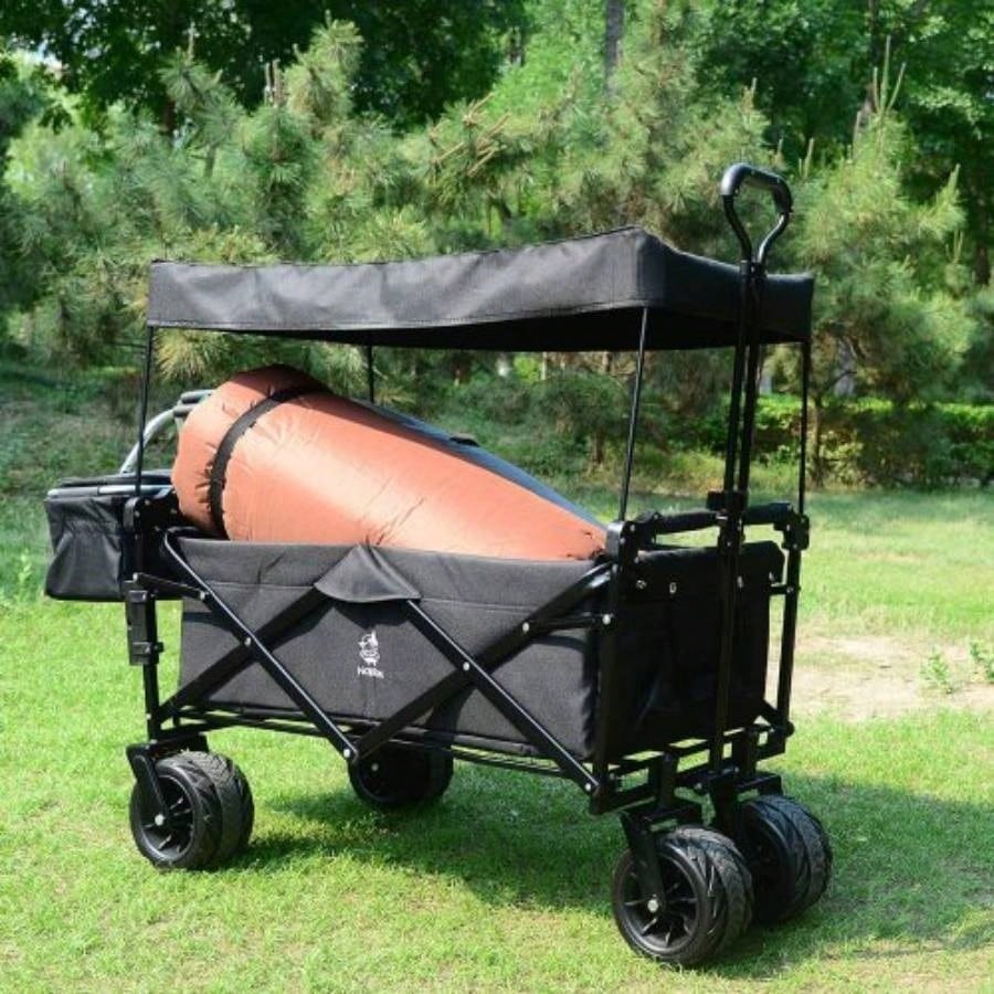Collapsible Wagon 140L Wagons Carts Foldable with Removable Canopy, Folding Wagon Cart with Wheels All - Terrain with Brake, Foldable Wagon with Cooler Bag, Camping Beach Shopping
