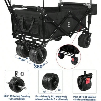 Collapsible Wagon 140L Wagons Carts Foldable with Removable Canopy, Folding Wagon Cart with Wheels All - Terrain with Brake, Foldable Wagon with Cooler Bag, Camping Beach Shopping