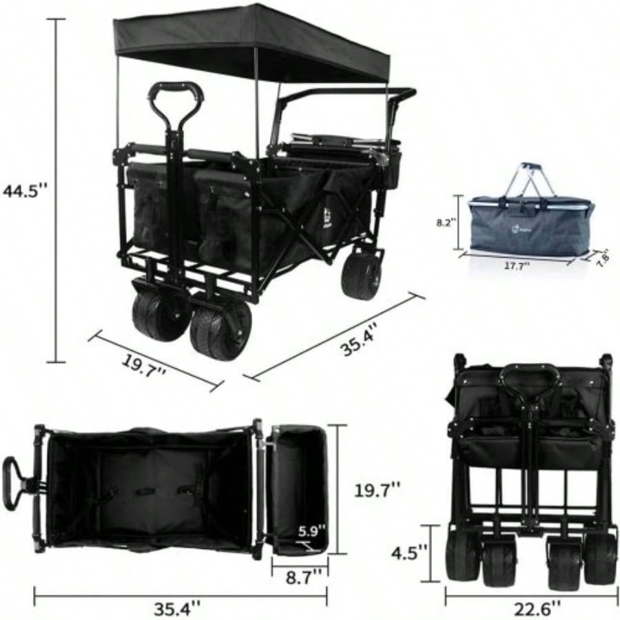 Collapsible Wagon 140L Wagons Carts Foldable with Removable Canopy, Folding Wagon Cart with Wheels All - Terrain with Brake, Foldable Wagon with Cooler Bag, Camping Beach Shopping
