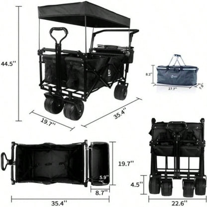 Collapsible Wagon 140L Wagons Carts Foldable with Removable Canopy, Folding Wagon Cart with Wheels All - Terrain with Brake, Foldable Wagon with Cooler Bag, Camping Beach Shopping