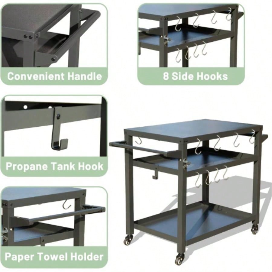 3 - Shelf Outdoor Grill Table, Grill Cart with Wheels, Outdoor Pizza Oven Table and Food Prep Table, Blackstone Table with Propane Hook, Grill Stand Blackstone Griddle Outside BBQ
