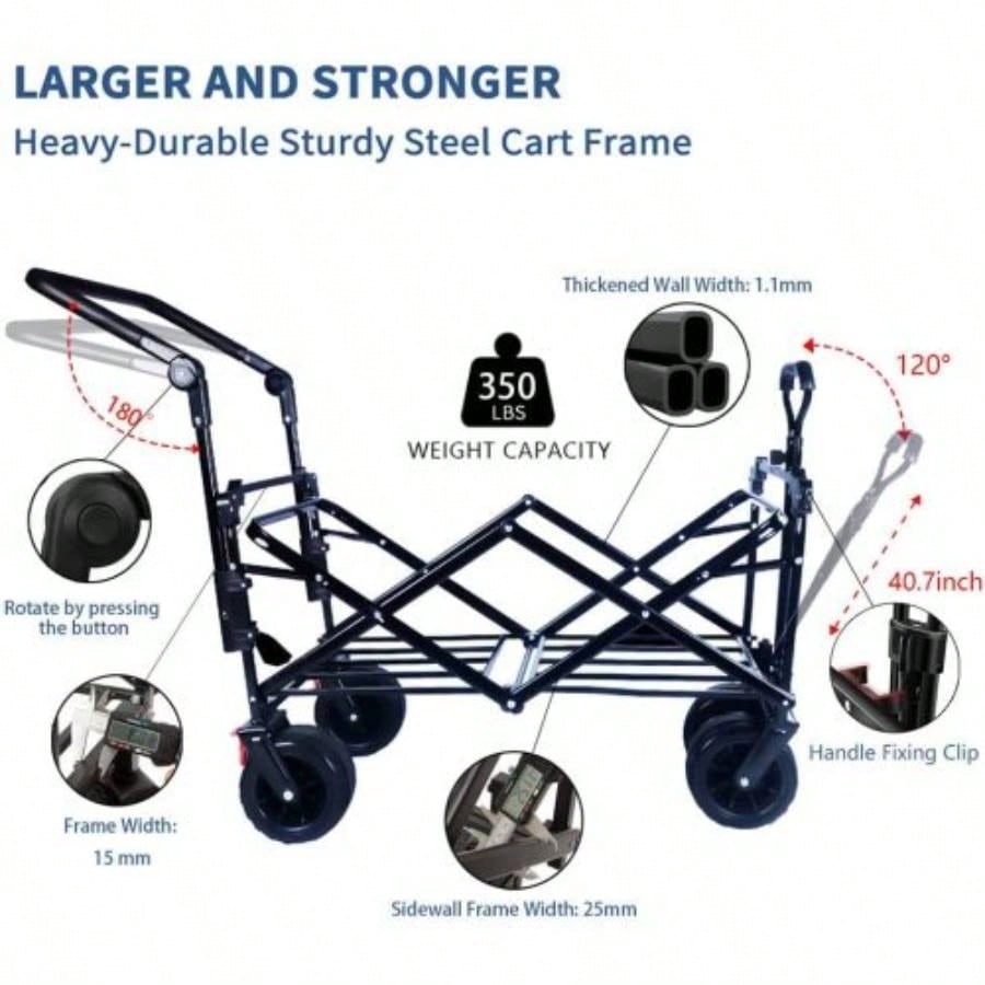 Collapsible Wagon 140L Wagons Carts Foldable with Removable Canopy, Folding Wagon Cart with Wheels All - Terrain with Brake, Foldable Wagon with Cooler Bag, Camping Beach Shopping