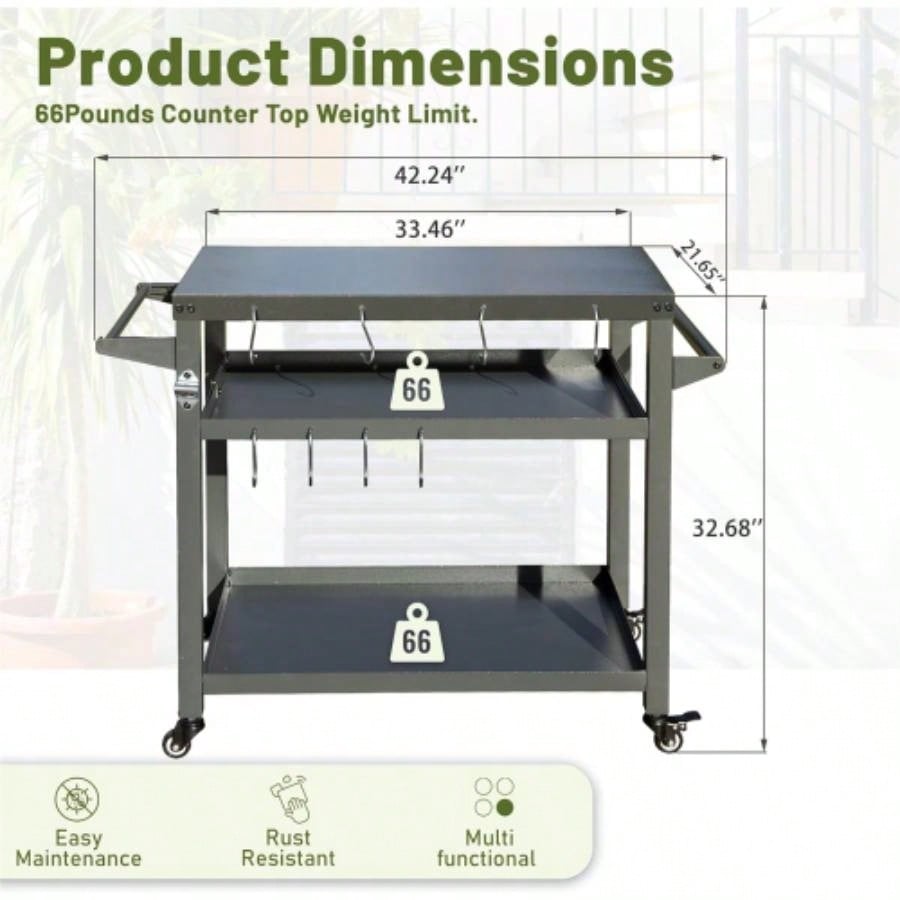 3 - Shelf Outdoor Grill Table, Grill Cart with Wheels, Outdoor Pizza Oven Table and Food Prep Table, Blackstone Table with Propane Hook, Grill Stand Blackstone Griddle Outside BBQ