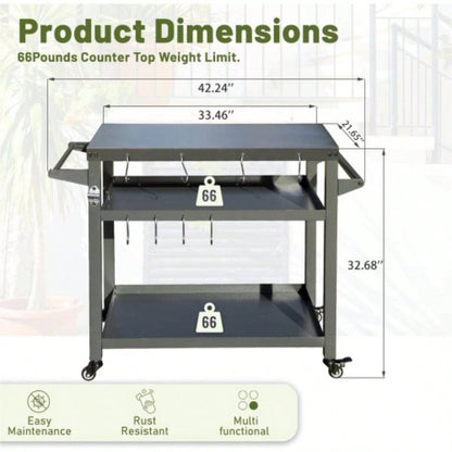 3 - Shelf Outdoor Grill Table, Grill Cart with Wheels, Outdoor Pizza Oven Table and Food Prep Table, Blackstone Table with Propane Hook, Grill Stand Blackstone Griddle Outside BBQ