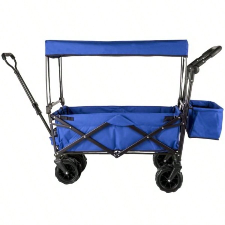 Large Collapsible Garden Cart with Removable Canopy, Folding Wagon Utility Carts with Wheels and Rear Storage, Wagon Cart Garden, Camping, Grocery Cart, Shopping Cart, Blue