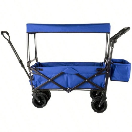 Large Collapsible Garden Cart with Removable Canopy, Folding Wagon Utility Carts with Wheels and Rear Storage, Wagon Cart Garden, Camping, Grocery Cart, Shopping Cart, Blue