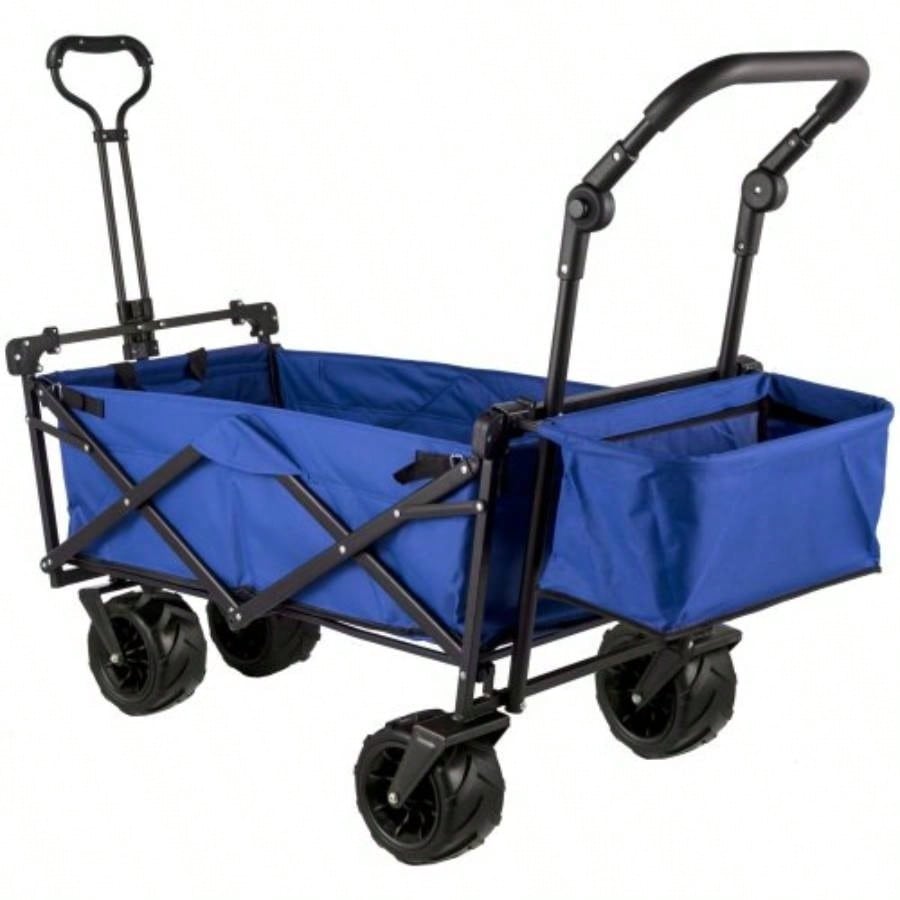 Large Collapsible Garden Cart with Removable Canopy, Folding Wagon Utility Carts with Wheels and Rear Storage, Wagon Cart Garden, Camping, Grocery Cart, Shopping Cart, Blue