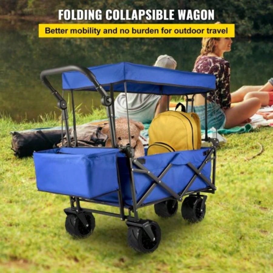 Large Collapsible Garden Cart with Removable Canopy, Folding Wagon Utility Carts with Wheels and Rear Storage, Wagon Cart Garden, Camping, Grocery Cart, Shopping Cart, Blue