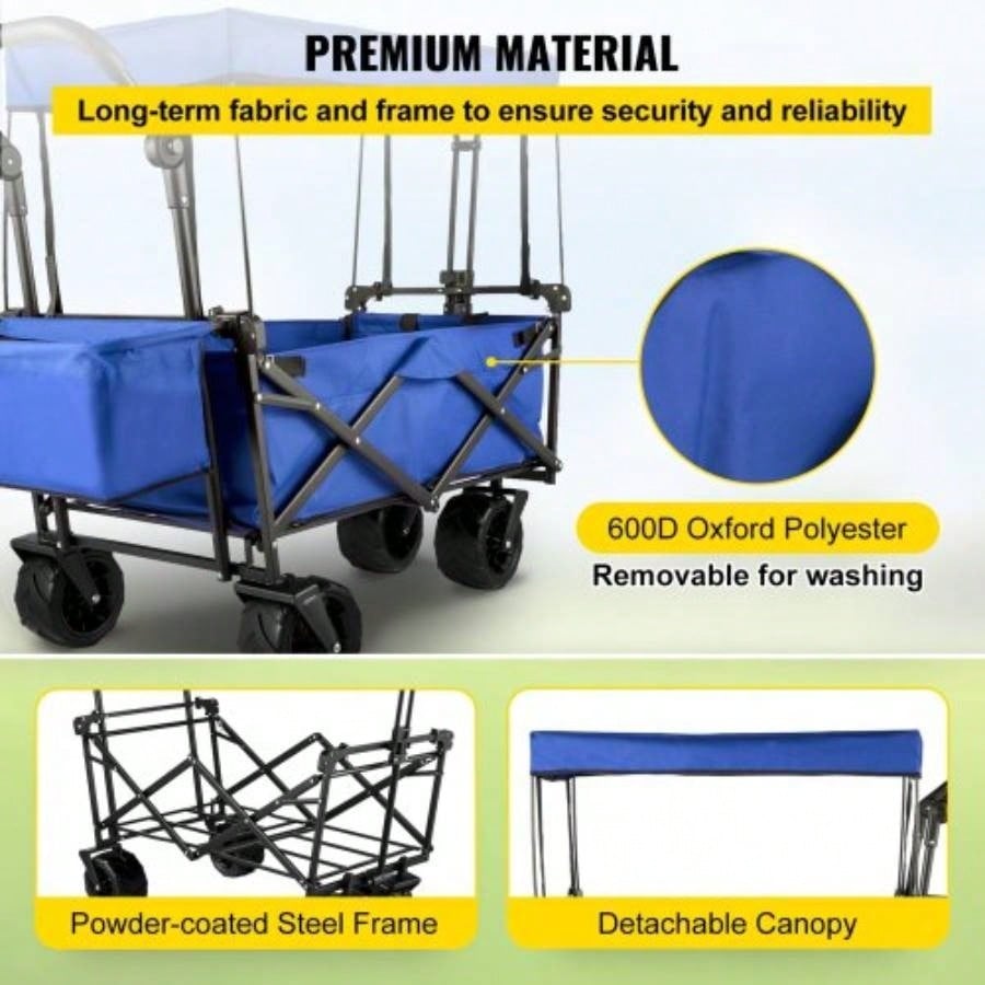 Large Collapsible Garden Cart with Removable Canopy, Folding Wagon Utility Carts with Wheels and Rear Storage, Wagon Cart Garden, Camping, Grocery Cart, Shopping Cart, Blue
