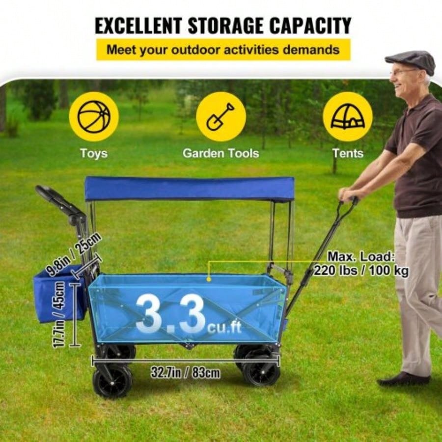 Large Collapsible Garden Cart with Removable Canopy, Folding Wagon Utility Carts with Wheels and Rear Storage, Wagon Cart Garden, Camping, Grocery Cart, Shopping Cart, Blue