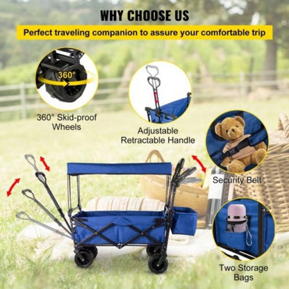 Large Collapsible Garden Cart with Removable Canopy, Folding Wagon Utility Carts with Wheels and Rear Storage, Wagon Cart Garden, Camping, Grocery Cart, Shopping Cart, Blue