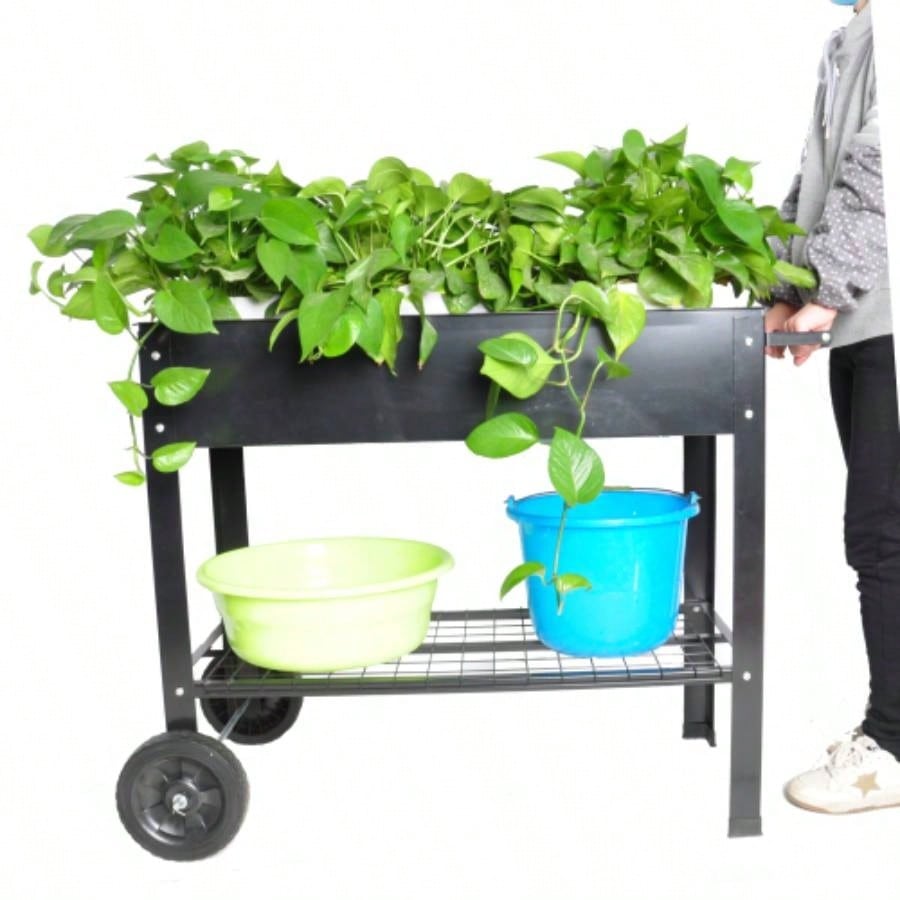 Mobile Metal Raised Garden Bed Cart with, Elevated Tall Planter Box with Wheels Outdoor Indoors House Patio Backyard Vegetables Tomato Herb Grow Black