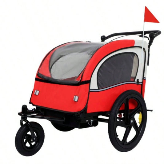 2 - in - 1 Double 2 with 5 - point safety harnesses Bike Trailer Jogger Stroller Kids Children Foldable Collapsible/Pivot Front Wheel, Storage Bag