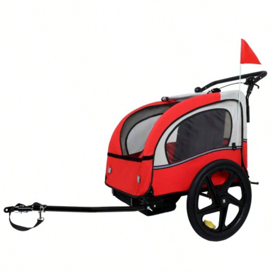 2 - in - 1 Double 2 with 5 - point safety harnesses Bike Trailer Jogger Stroller Kids Children Foldable Collapsible/Pivot Front Wheel, Storage Bag
